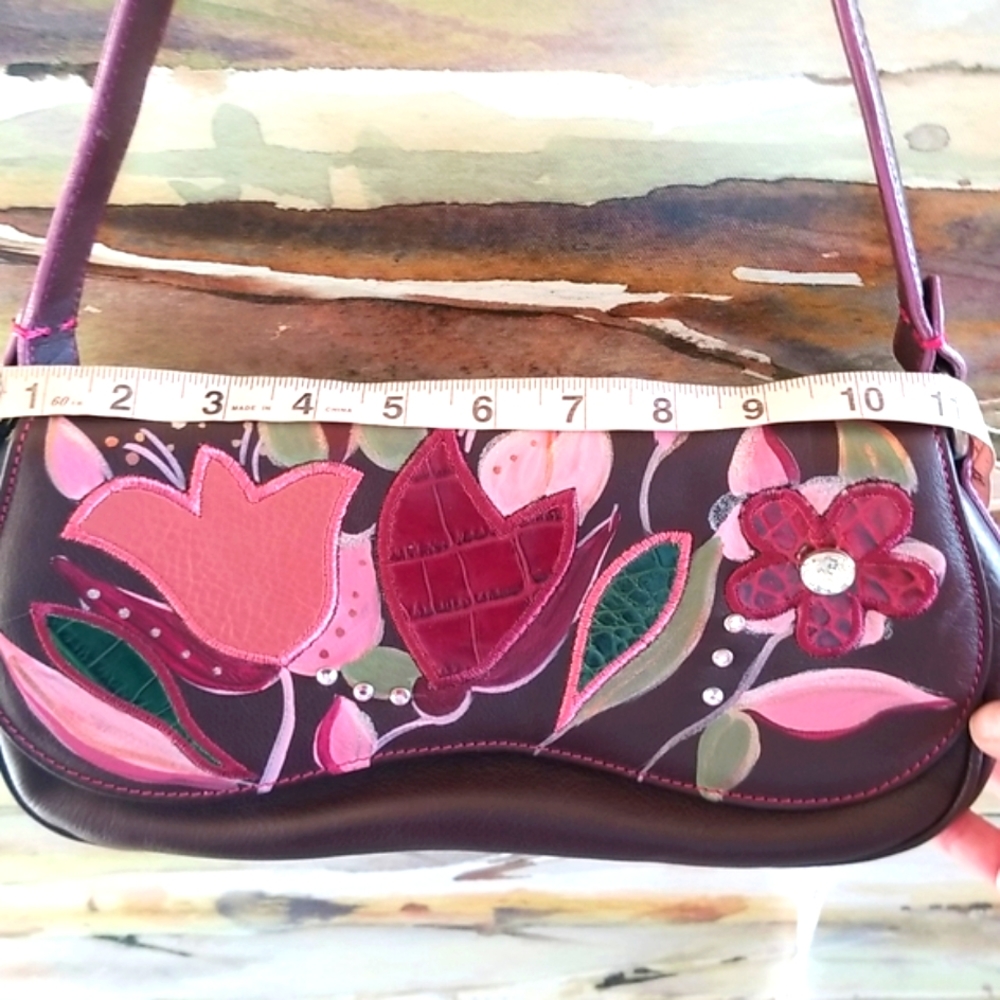 ARTSY GIAN Franco SISTI Wine Floral Collage Appliques Leather Shoulder Bag NWT - Picture 9 of 13